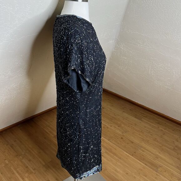 Laurence Kazar Dress Medium Petite Black Silk Rainbow Beaded Short Dolman Sleeve - Picture 6 of 11